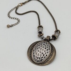 Premier Designs Mixed Metal Oval Pendant Necklace Antiqued Mesh Chain Boho